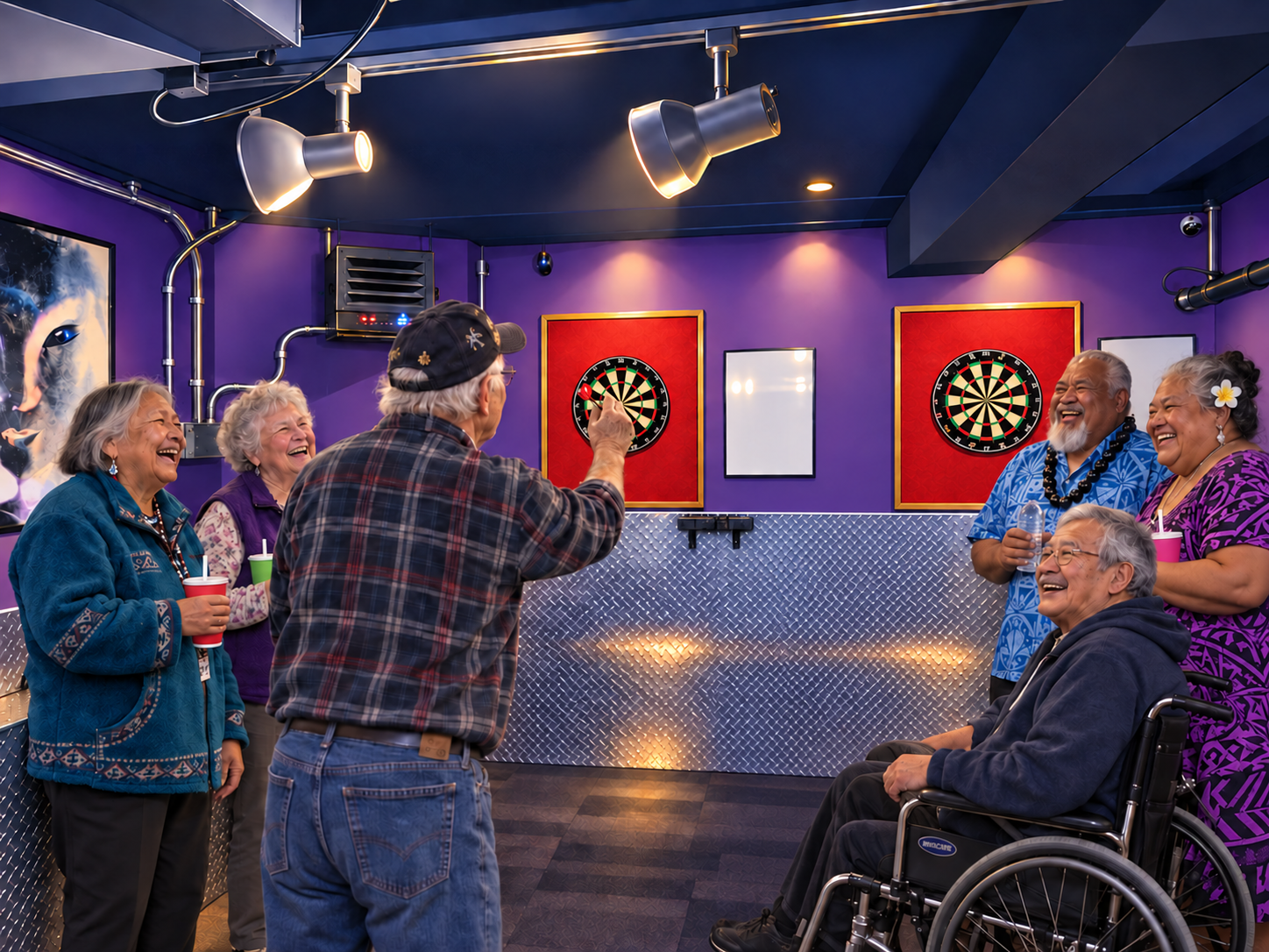 Adults enjoying a recreational room with dartboards