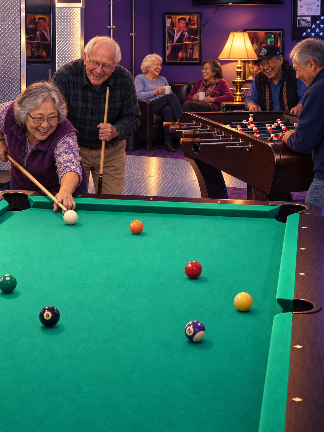 Adults enjoying pool and foosball in the recreational area