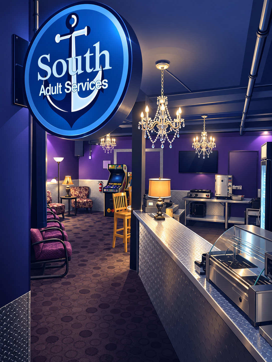 South Adult Services interior sign and service counter
