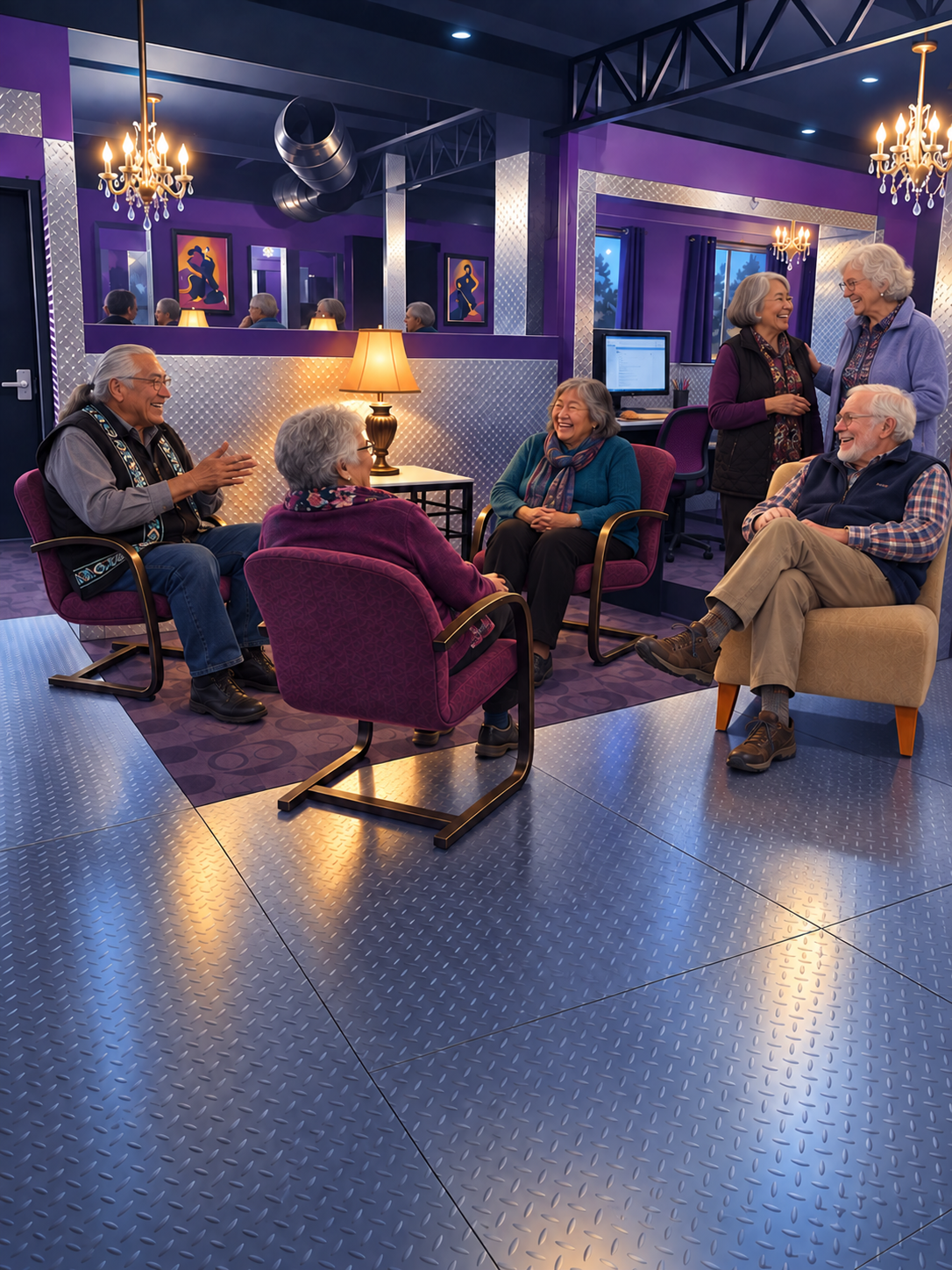 Adults socializing in the South Adult Services seating area