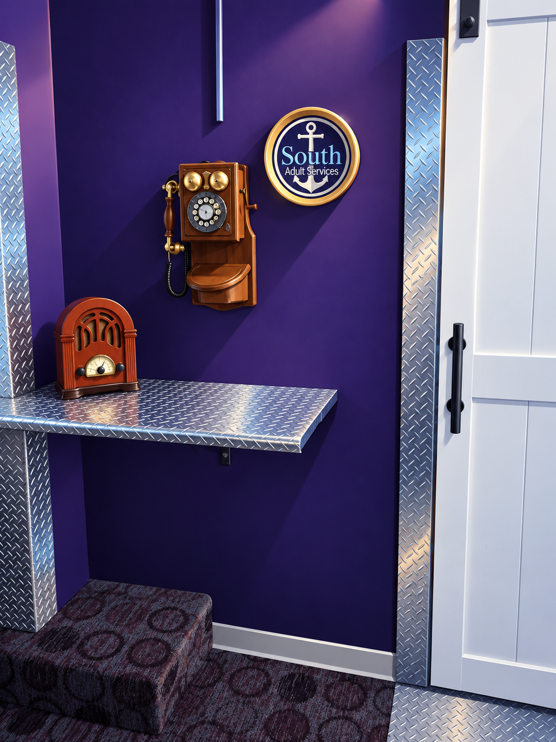 Vintage phone and radio corner with purple wall